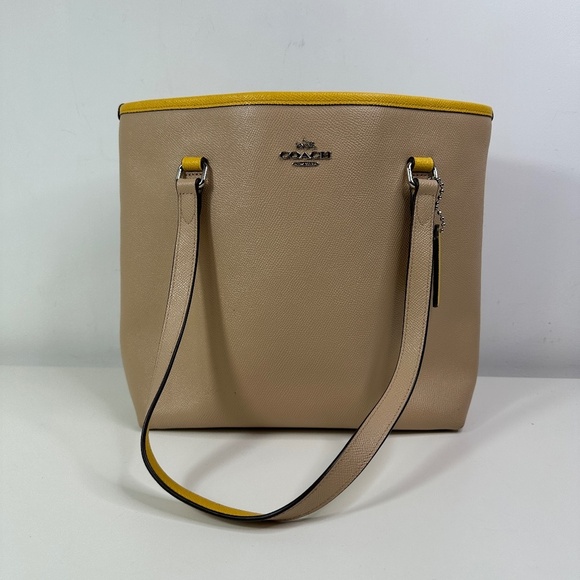COACH Zip Top Tote In Crossgrain Leather Tan with Yellow F59855 Quiet Luxury - Picture 1 of 13